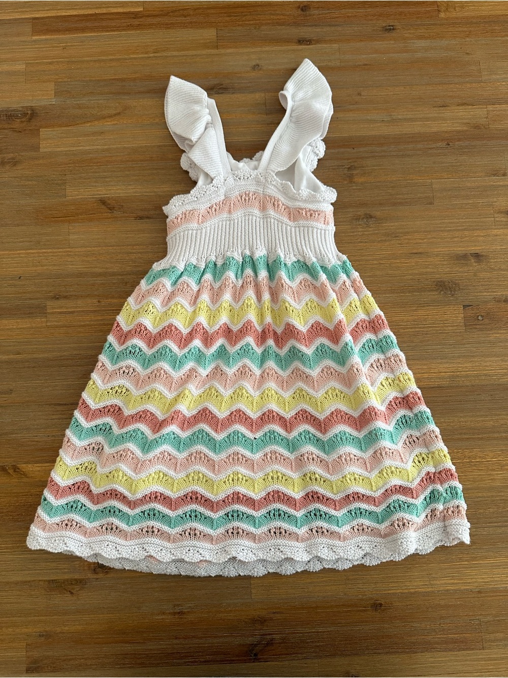 C&C California White Knit Sundress with Mint, Peach & Yellow Chevron Stripes